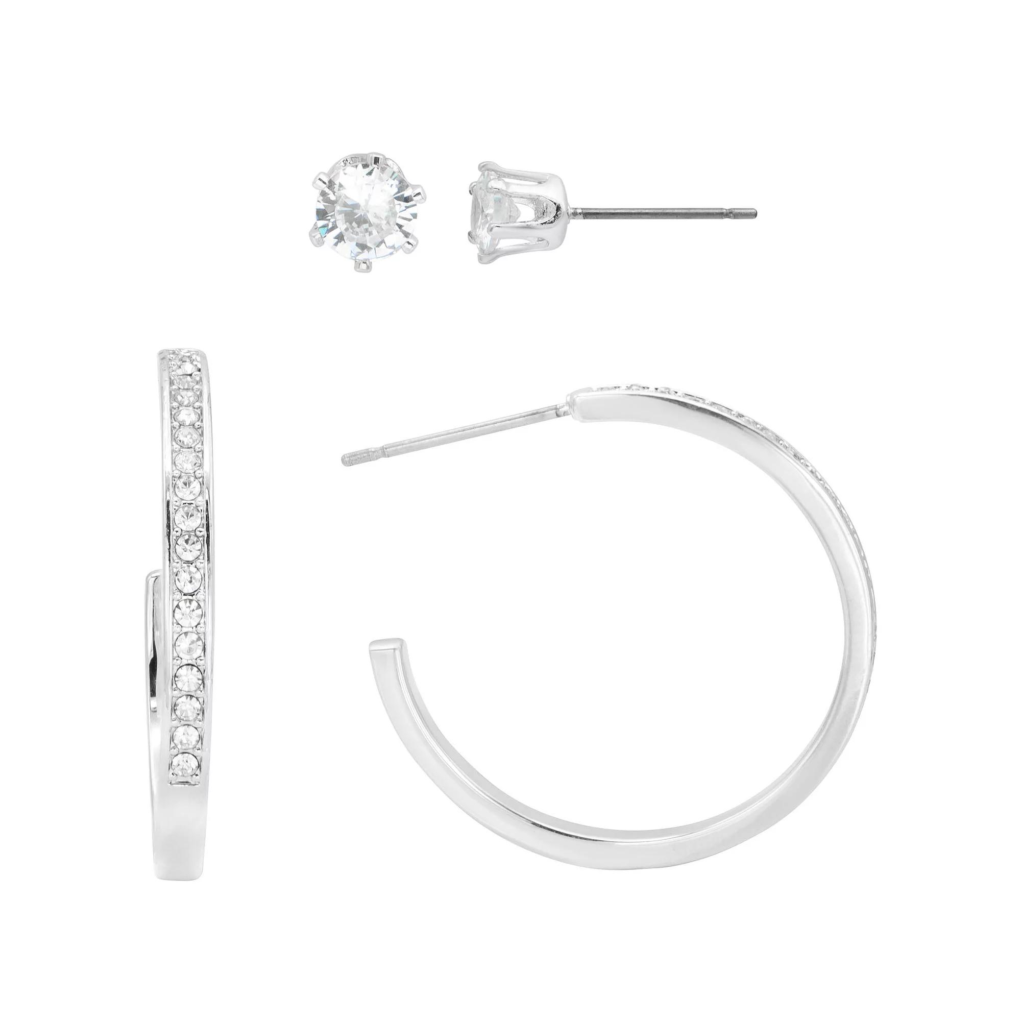 City Luxe Cubic Zirconia & Crystal Stud & Hoop Earrings Duo Set, Women's, Gold Tone Clear Product Image