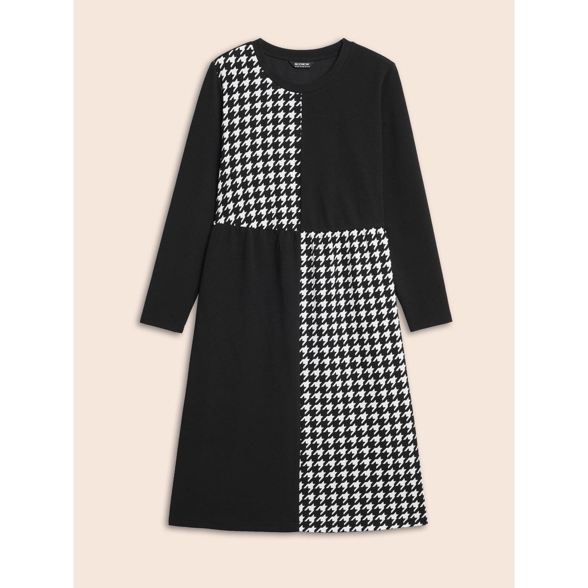 Plus Size Houndstooth Patchwork Elastic Waist Dress Black Women At the Office Patchwork Round Neck Long Sleeve Curvy BloomChic 22-24/3X Product Image