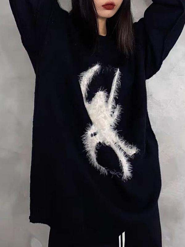 Plush Spider Print Loose Sweater Product Image
