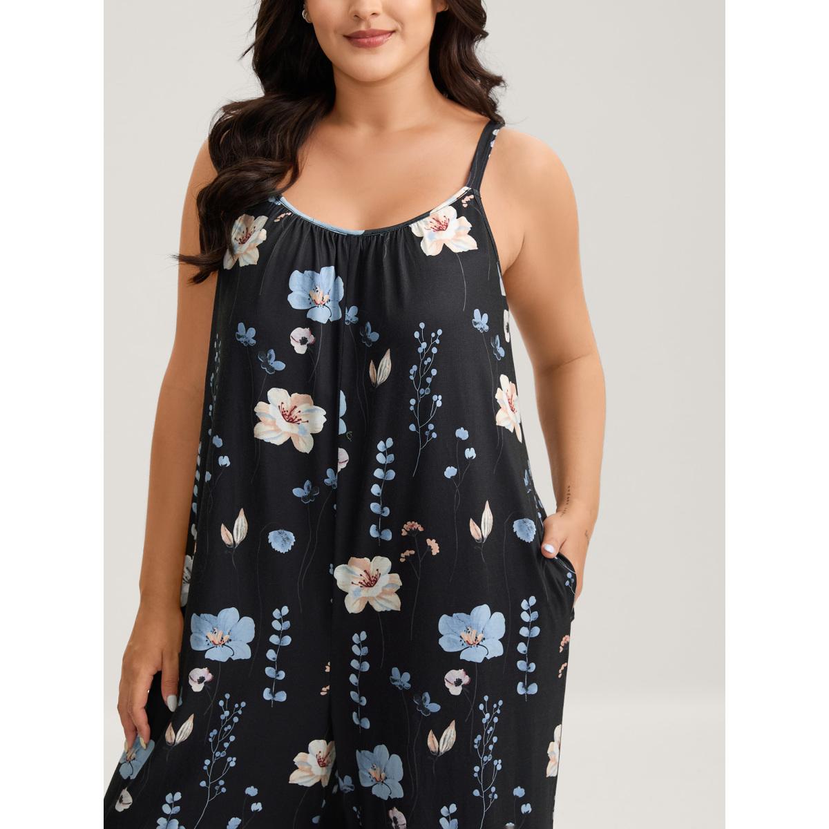 Plus Size Black Stretchy Lined Floral Print Cami Jumpsuit Women Leisure Sleeveless V-neck Casual Loose Jumpsuits BloomChic 26/4X Product Image