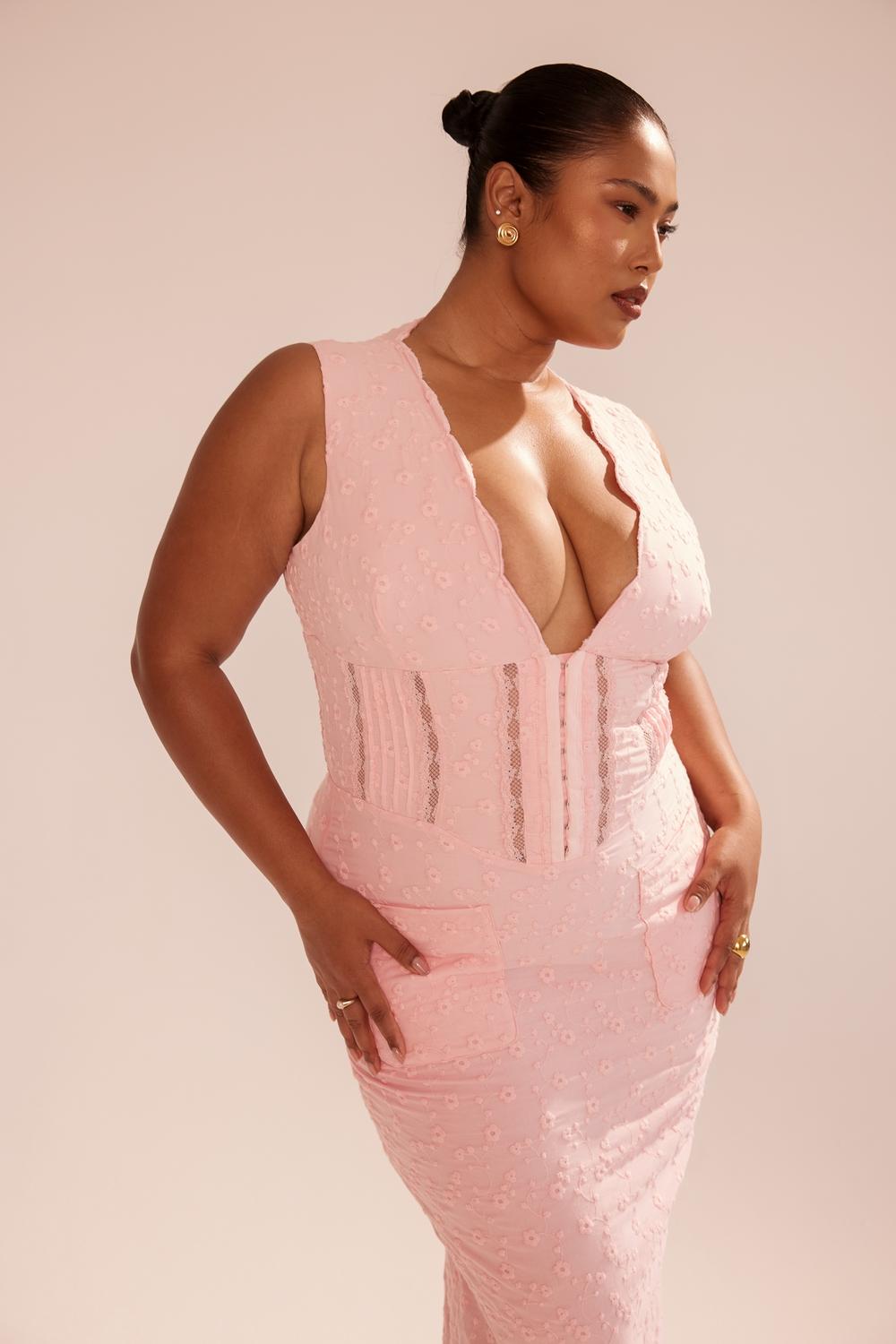 Sophina  perfectly pink broderie anglais plunge maxi dress Product Image