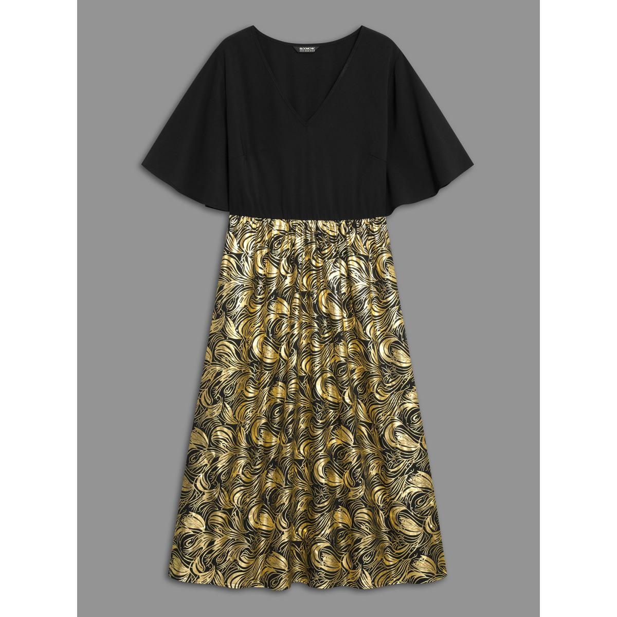 Plus Size V Neck Glitter Flounce Sleeve Dress Black Women Cocktail Texture V-neck Half Sleeve Curvy BloomChic 26/4X Product Image