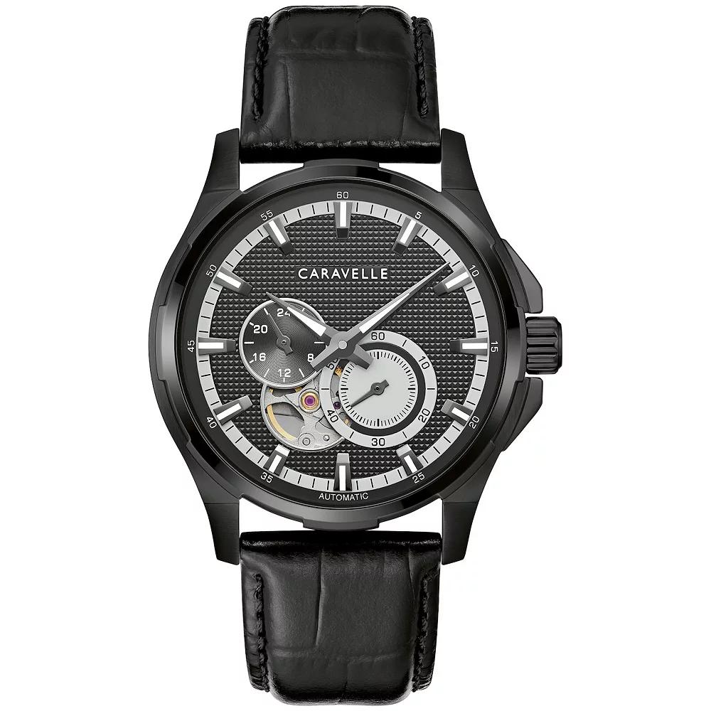 Caravelle Mens Automatic Black Ion-Plated Stainless Steel Leather Strap Watch Product Image