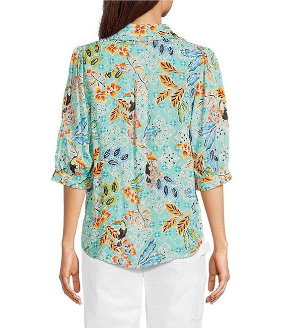 Democracy Petite Size Woven Tropical Print Split V-Neck Elbow Sleeve Button Front Top Product Image