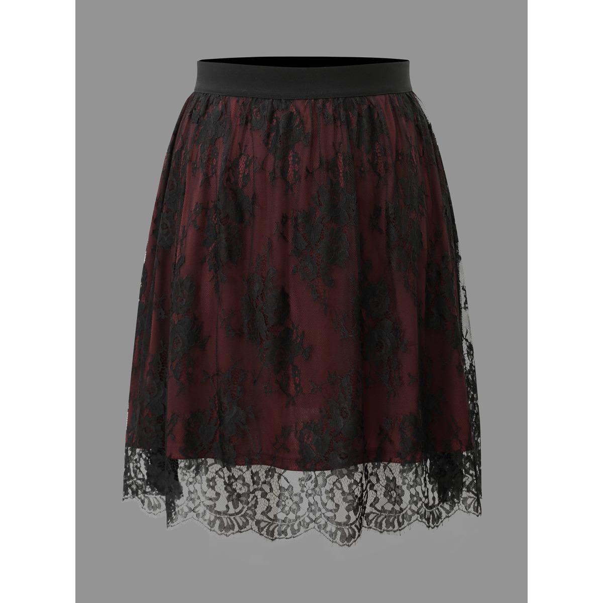 Plus Size Floral Crochet Lace Mesh Stretchy Skirt Women Deepred Elegant Tiered Low stretch Side seam pocket Everyday Skirts BloomChic 18-20/2X Product Image