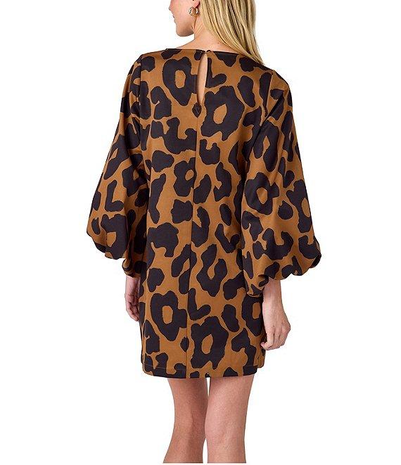 CROSBY by Mollie Burch Cecily Boat Neck Long Puff Sleeve Leopard Mini Shift Dress Product Image
