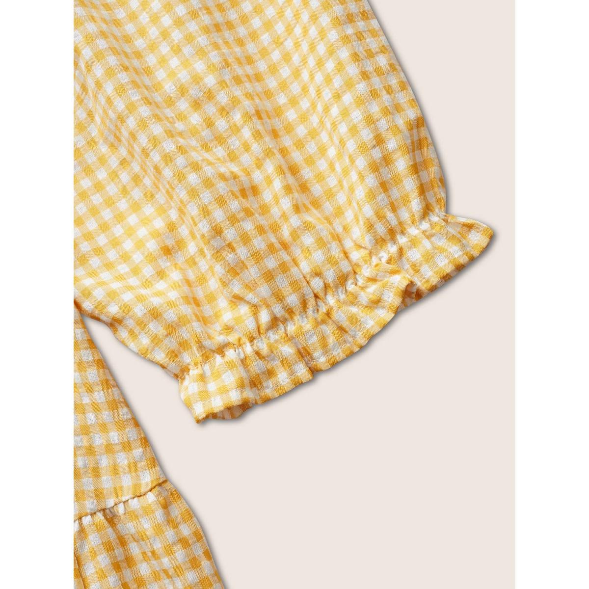 Plus Size Turmeric Heart Neckline Gingham Shirred Lantern Sleeve Blouse Women Casual Elbow-length sleeve Heart neckline Everyday Blouses BloomChic 14-16/1X Product Image