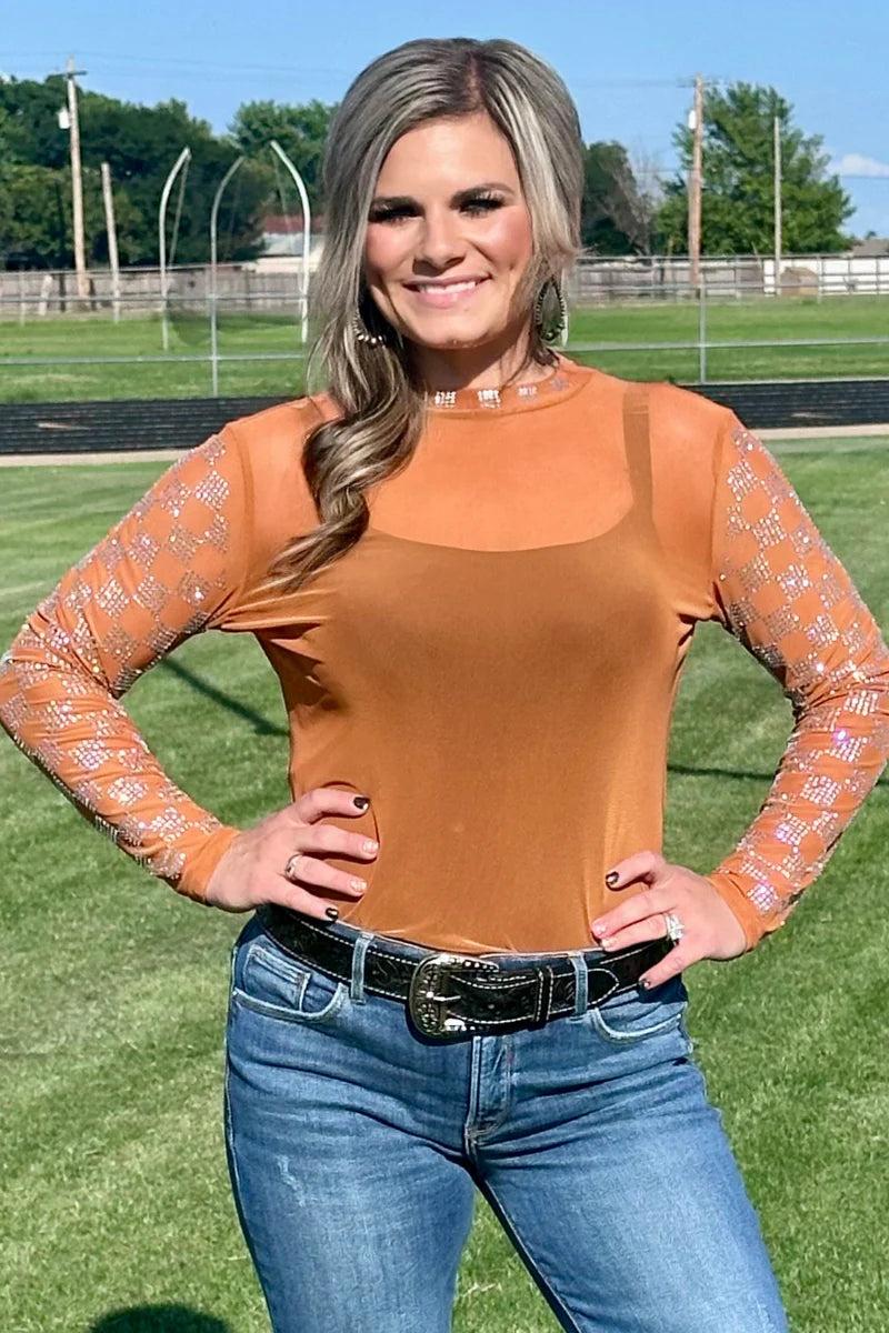 Sterling Kreek Checked In Burnt Orange Mesh Top Product Image