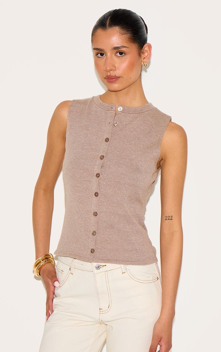 Tall Mocha Button Through Sleeveless Top Product Image