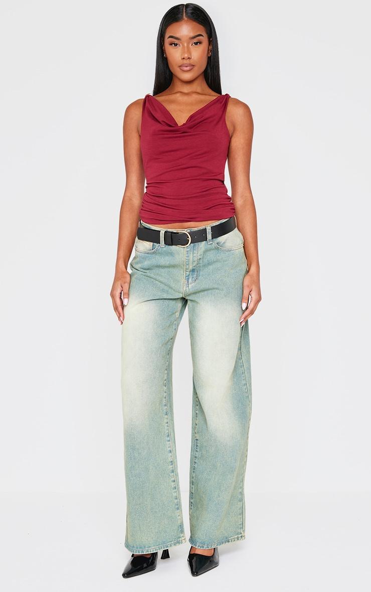 Burgundy Contour Jersey Cowl Neck Ruched Side Long Top Product Image