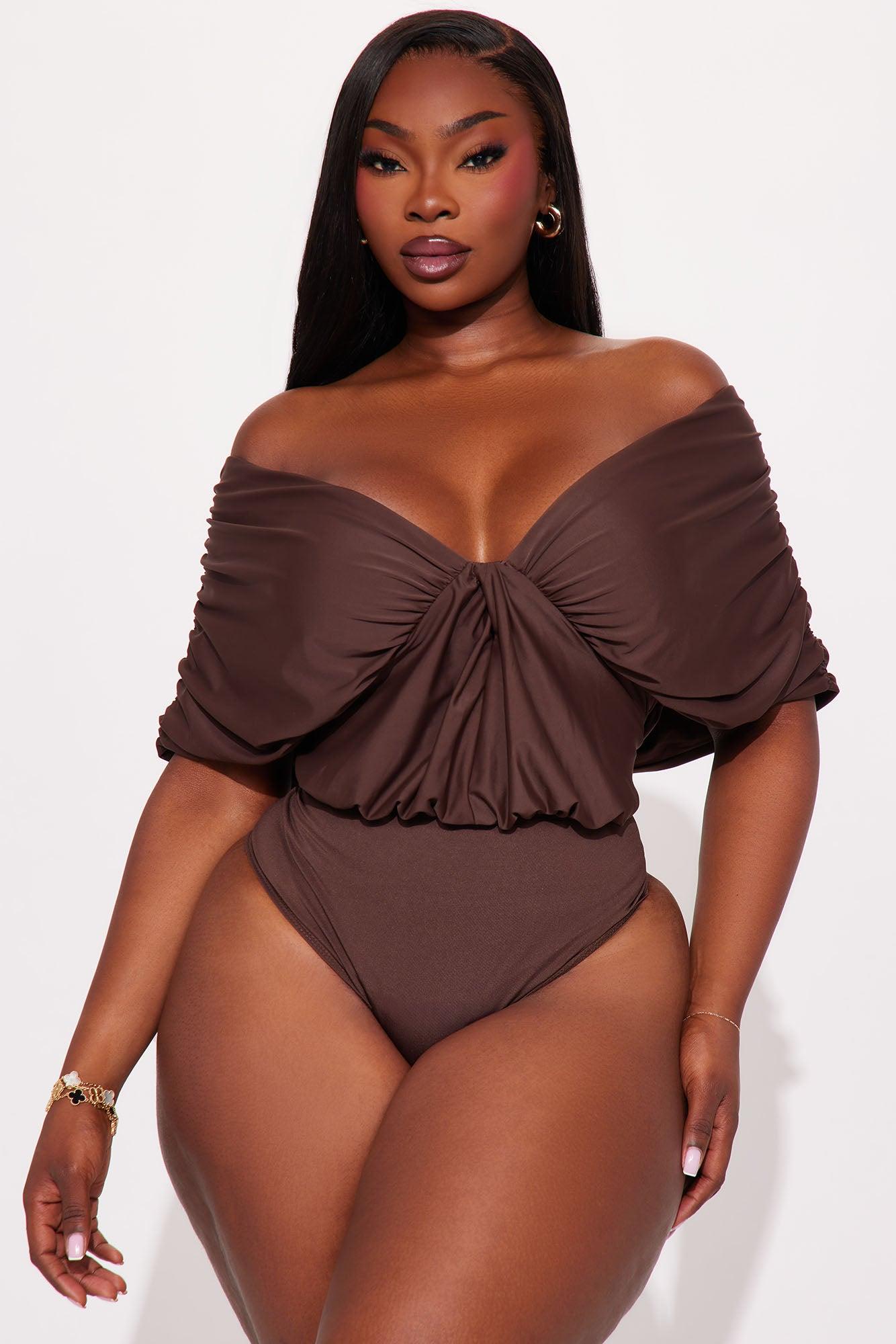 True Rival Ruched Off Shoulder Bodysuit - Brown Female Product Image