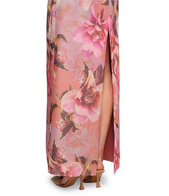Aidan Mattox Strapless Pleated Waist Floral Printed Jacquard Sheath Gown Product Image