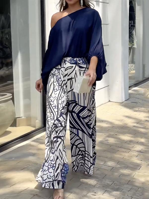 Loose Puff Sleeves Solid Color Off-The-Shoulder Blouses& Printed Pants Two Pieces Set Product Image