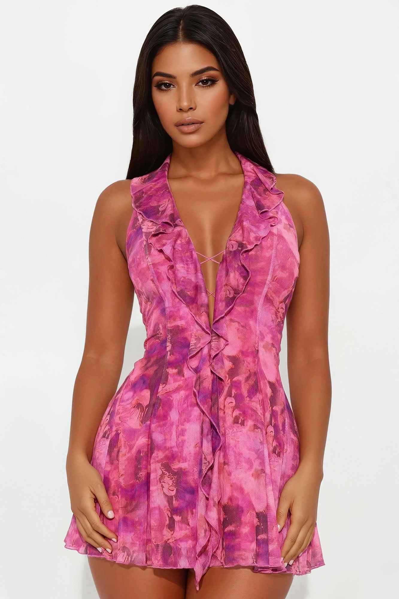 Tuscany Mesh Halter Mini Dress - Pink/combo Female Product Image