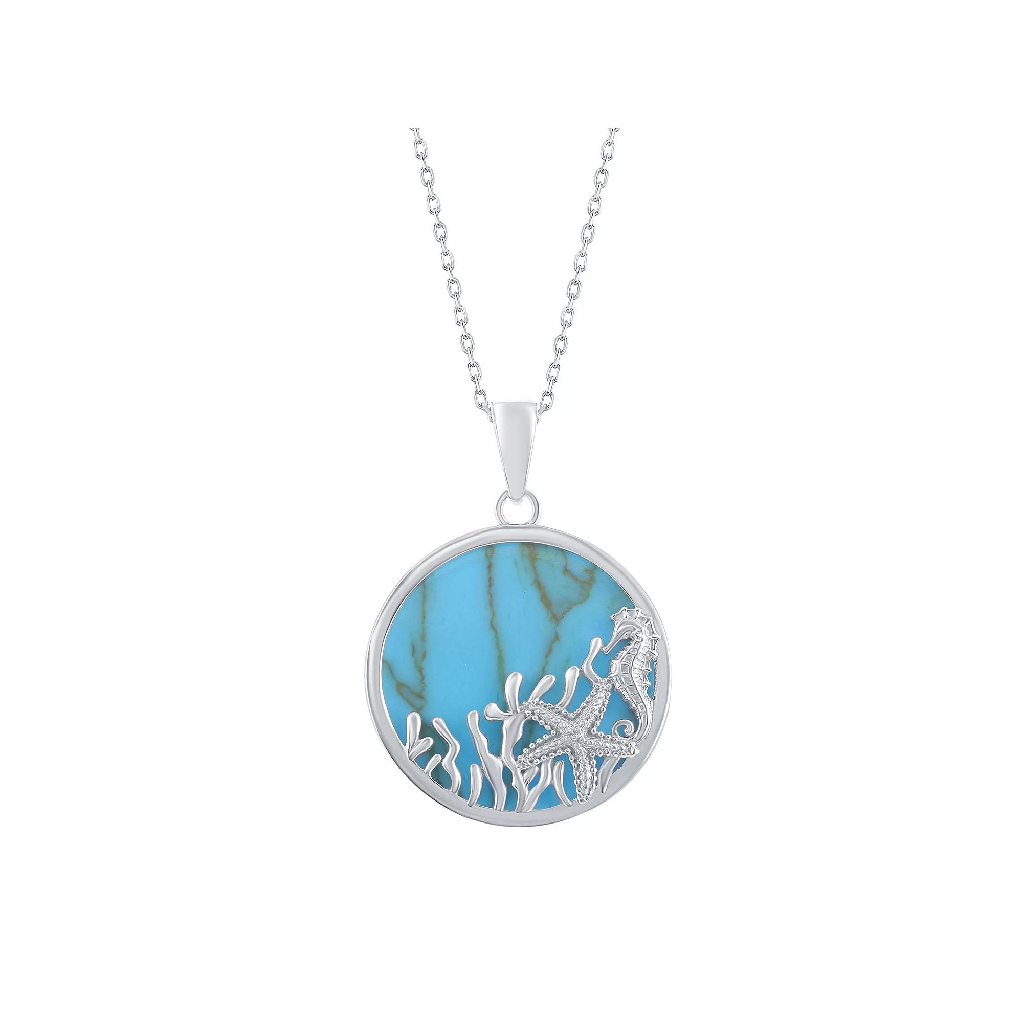 Sterling Silver Simulated Turquoise Starfish & Seahorse Necklace, Women's, Size: 18" Product Image