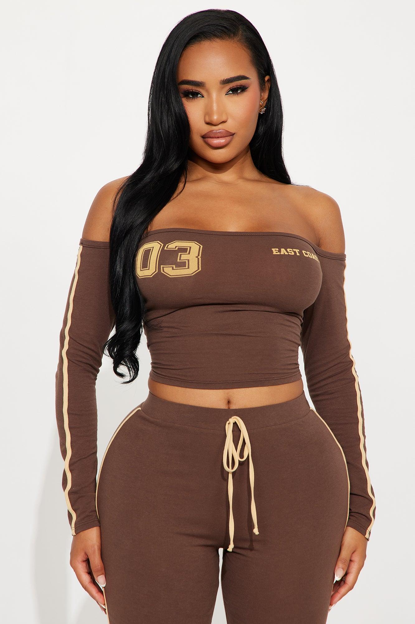 03' Energy Off Shoulder Pant Set - Brown Product Image