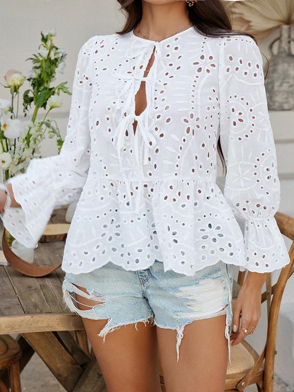 Long Sleeves Loose Elasticity Hollow Pleated Solid Color Tied Round-Neck Blouses&Shirts Tops Product Image
