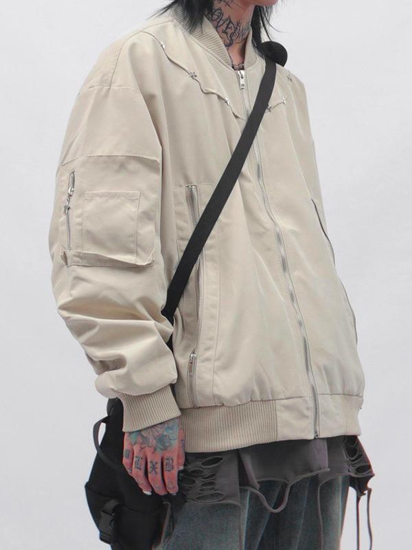 Men's Zipper Metal Decor Bomber Jacket Product Image
