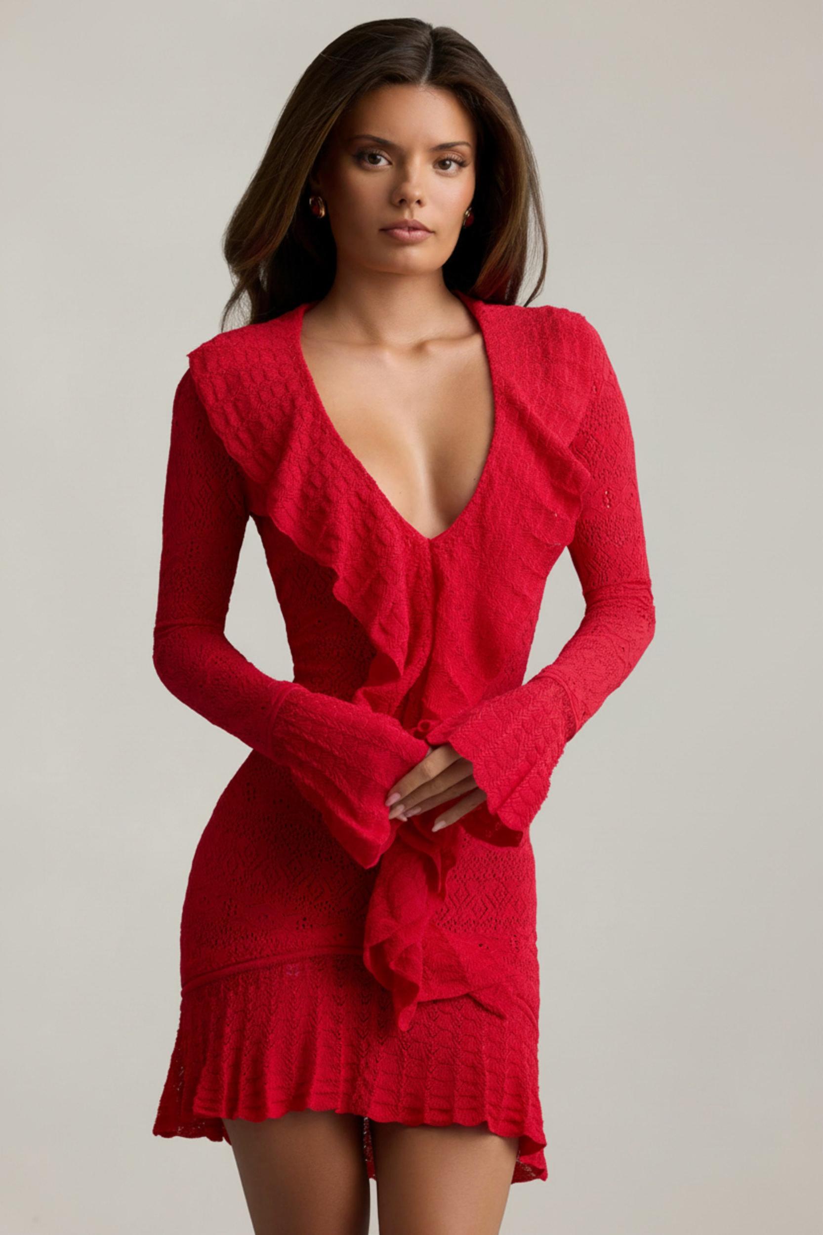 Ruffle-Trim Pointelle-Knit Mini Dress in Scarlet Red Product Image