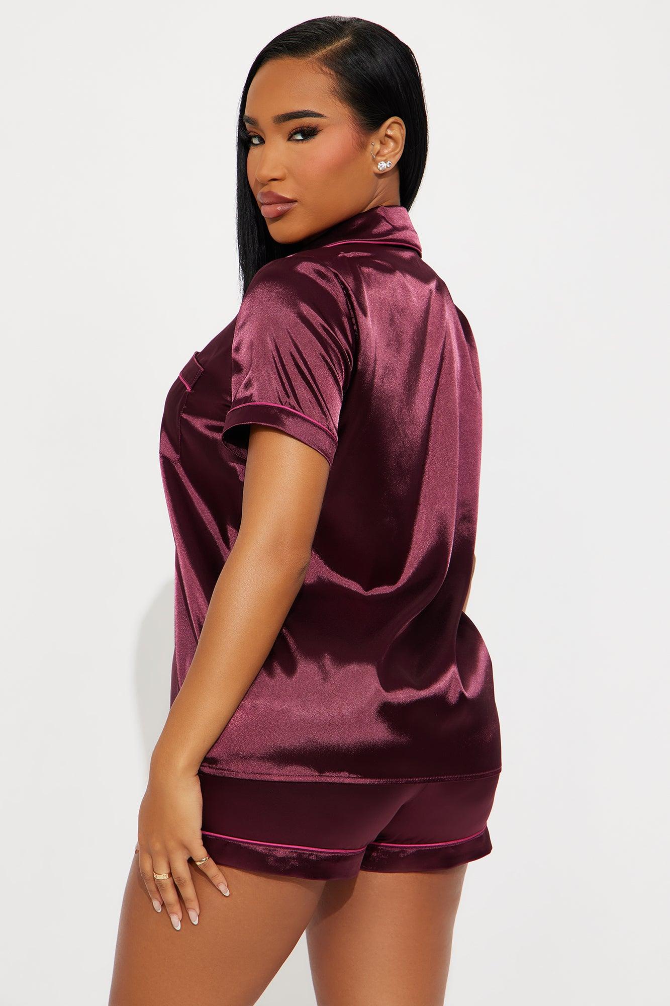 Bedtime Stretch Satin Short Sleeve PJ Short Set - Wine Female Product Image