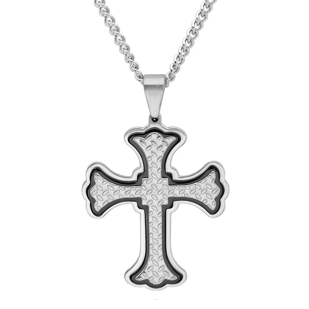 Men's Jewelry Nation Stainless Steel Trim Texture Cross Pendant Necklace, Size: 24", Black Two Tone Product Image