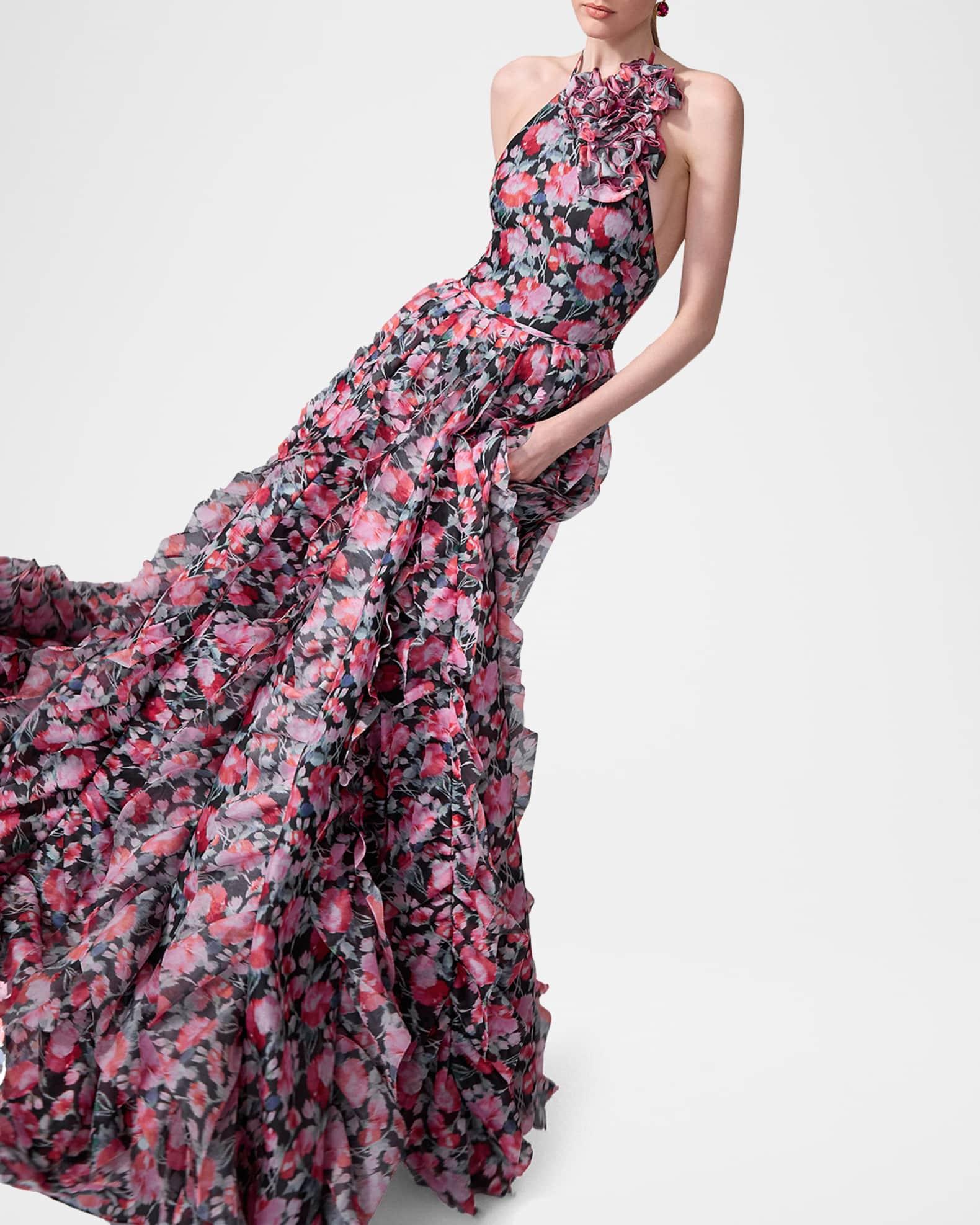 Corsage Halter Floral Ruffle Gown Product Image
