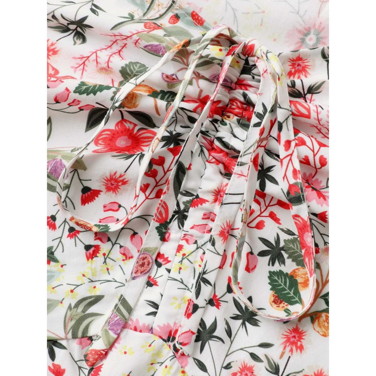 Plus Size Rayon Fruity Print Drawstring Midi Dress Blush Women Heart neckline Short sleeve Curvy BloomChic 22-24/3X Product Image