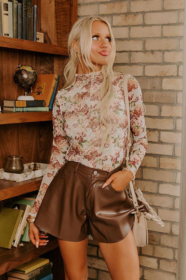 The Vixen High Waist Faux Leather Shorts in Dark Chocolate Product Image