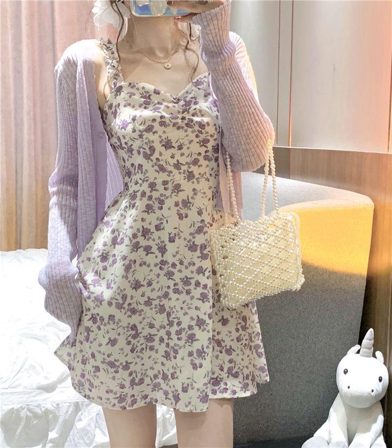 Spaghetti Strap Floral Print Mini A-Line Dress / Cardigan Product Image