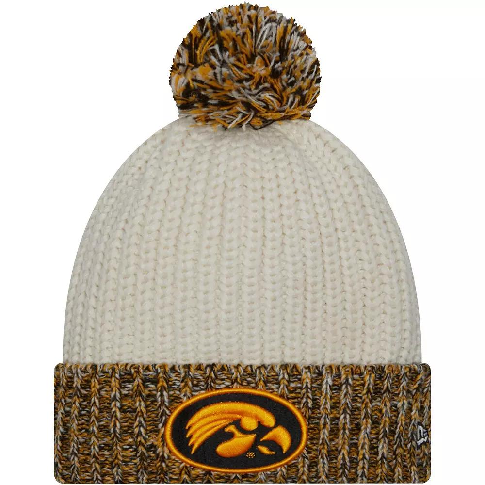 Women's New Era Cream Iowa Hawkeyes Fresh Cuffed Knit Hat with Pom, Beige Product Image