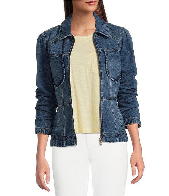 Democracy Point Collar Long Sleeve Peplum Denim Jacket Product Image