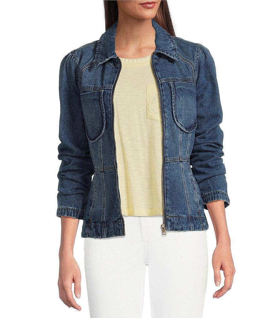 Democracy Point Collar Long Sleeve Peplum Denim Jacket Product Image