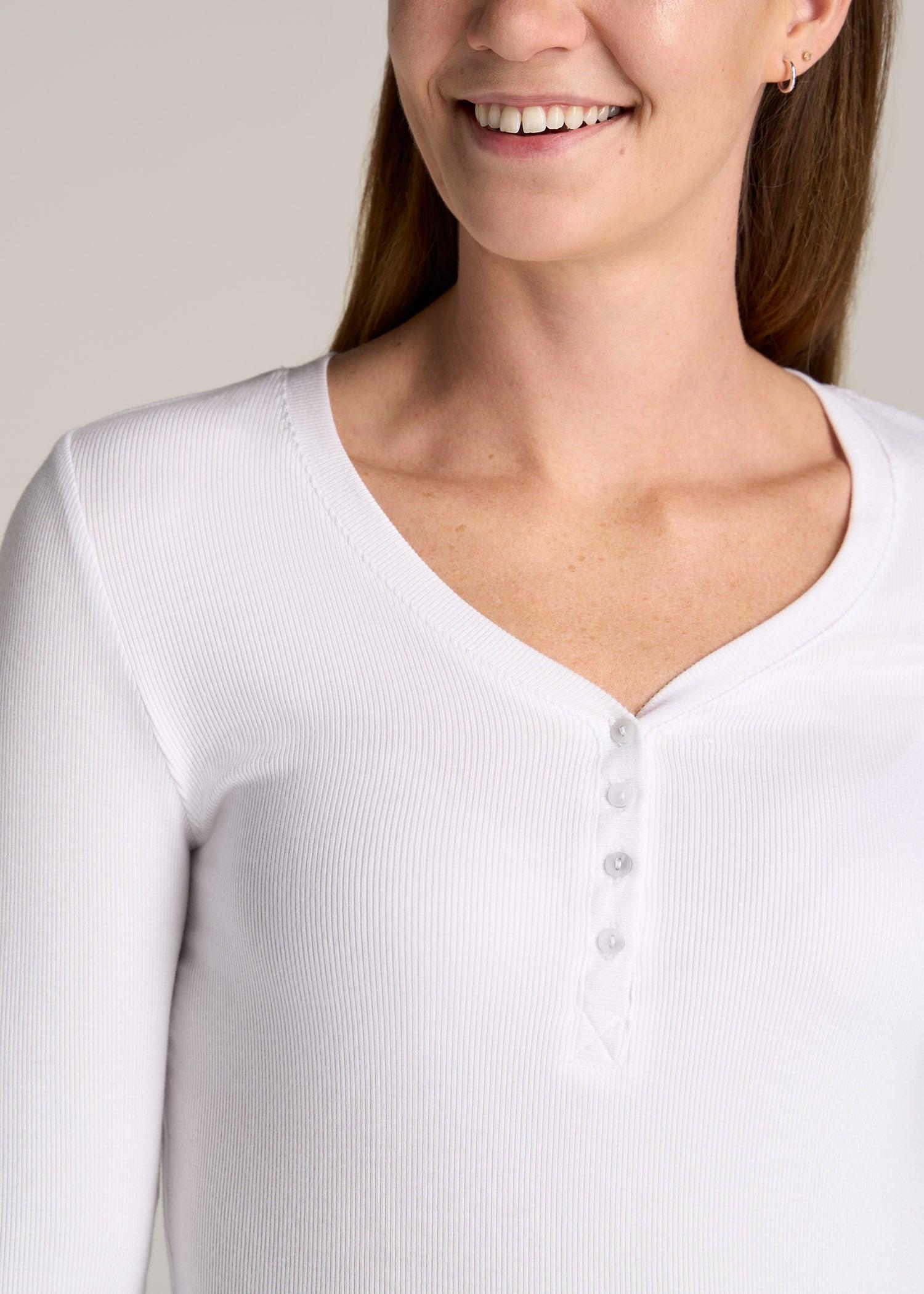 Fitted Ribbed Long Sleeve Henley for Tall Women in White Female Product Image