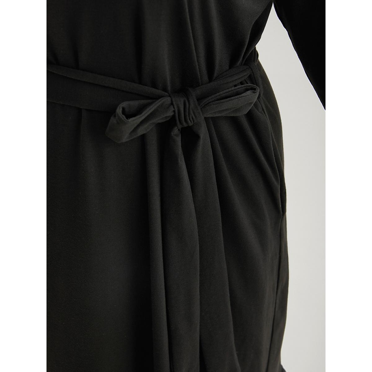 Plus Size Broderie Anglaise Round Neck Belted Flutter Hem Dress Black Women Casual Plain Round Neck Long Sleeve Curvy Midi Dress BloomChic 22-24/3X Product Image