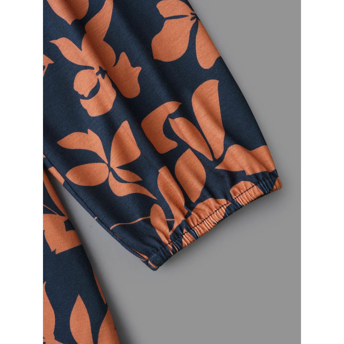 Plus Size Autumn Leaves Print Fit-and-Flare Midi Dress DarkBlue Women Elegant Non Knit Dresses Bloomchic 26/4X Product Image