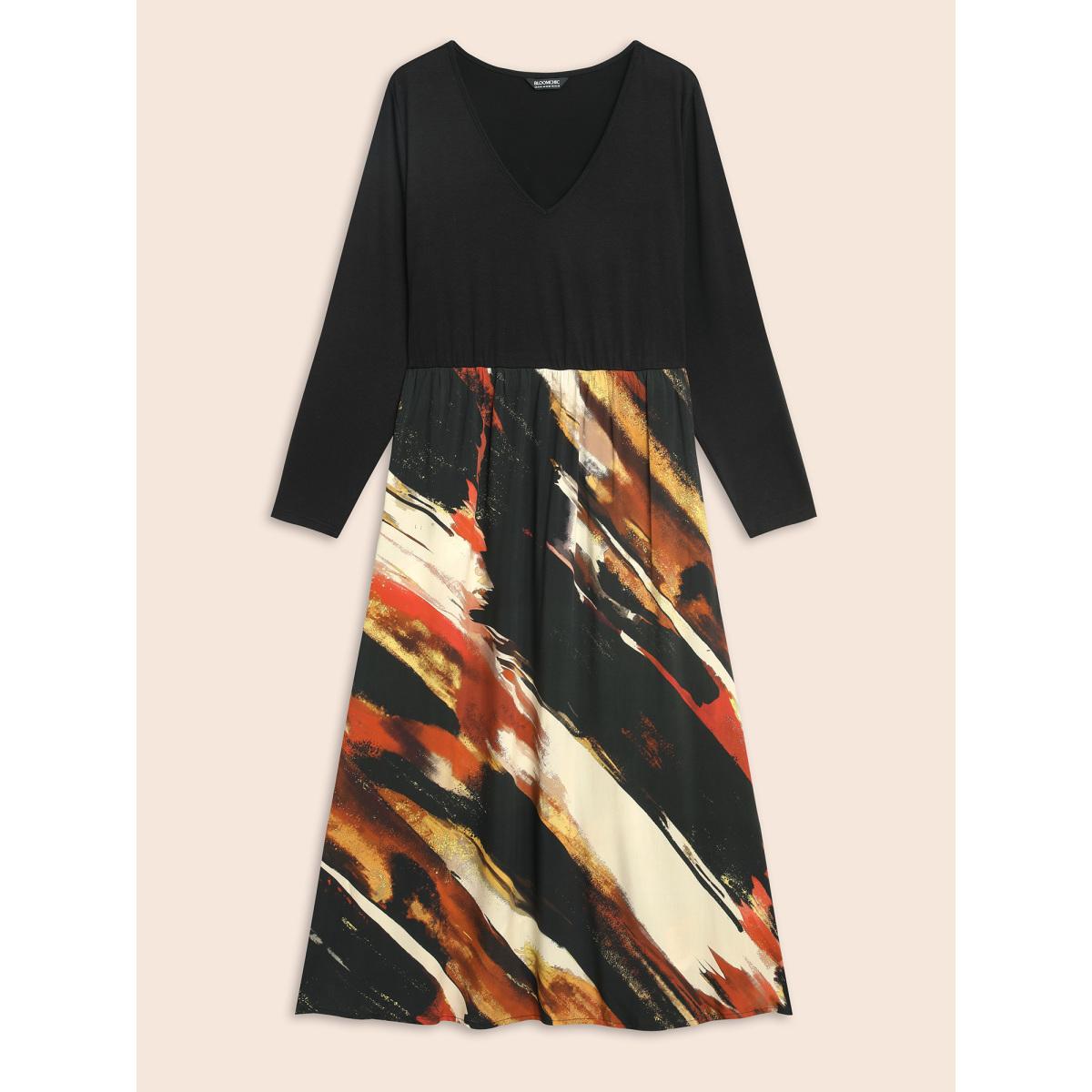 Plus Size V Neck Brush Print Patchwork Dress Black Women At the Office Patchwork V-neck Long Sleeve Curvy BloomChic 14-16/1X Product Image