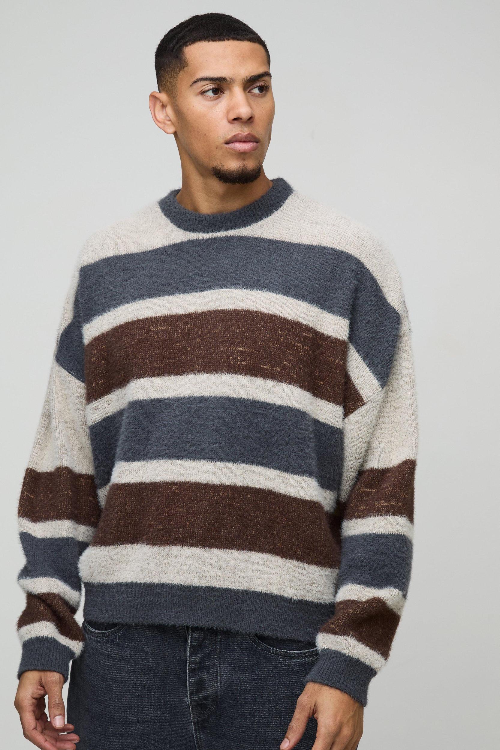 Boxy Brushed Stripe Knitted Sweater | boohooMAN USA Product Image