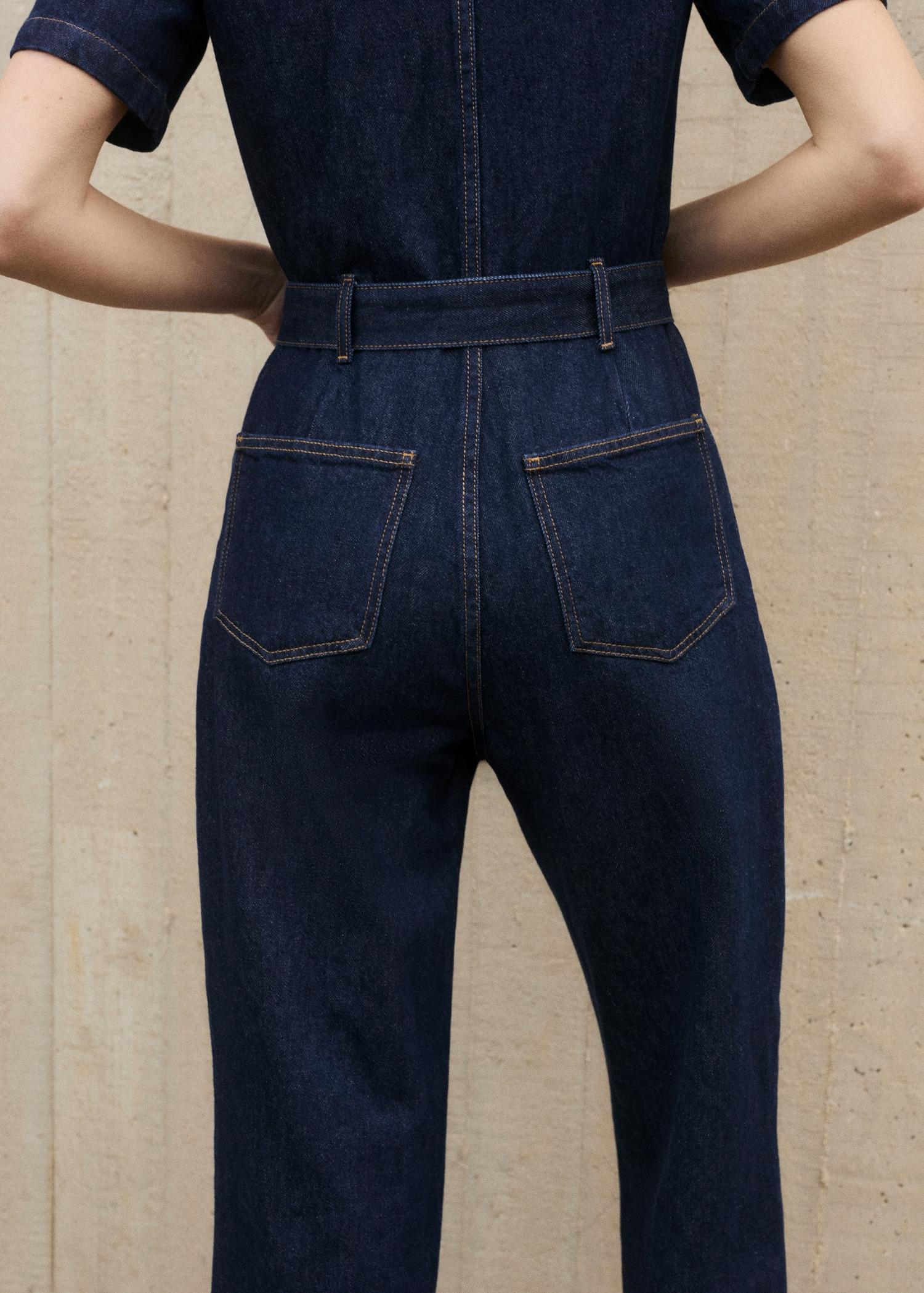 Short-sleeved denim jumpsuit - Women | MANGO USA Product Image
