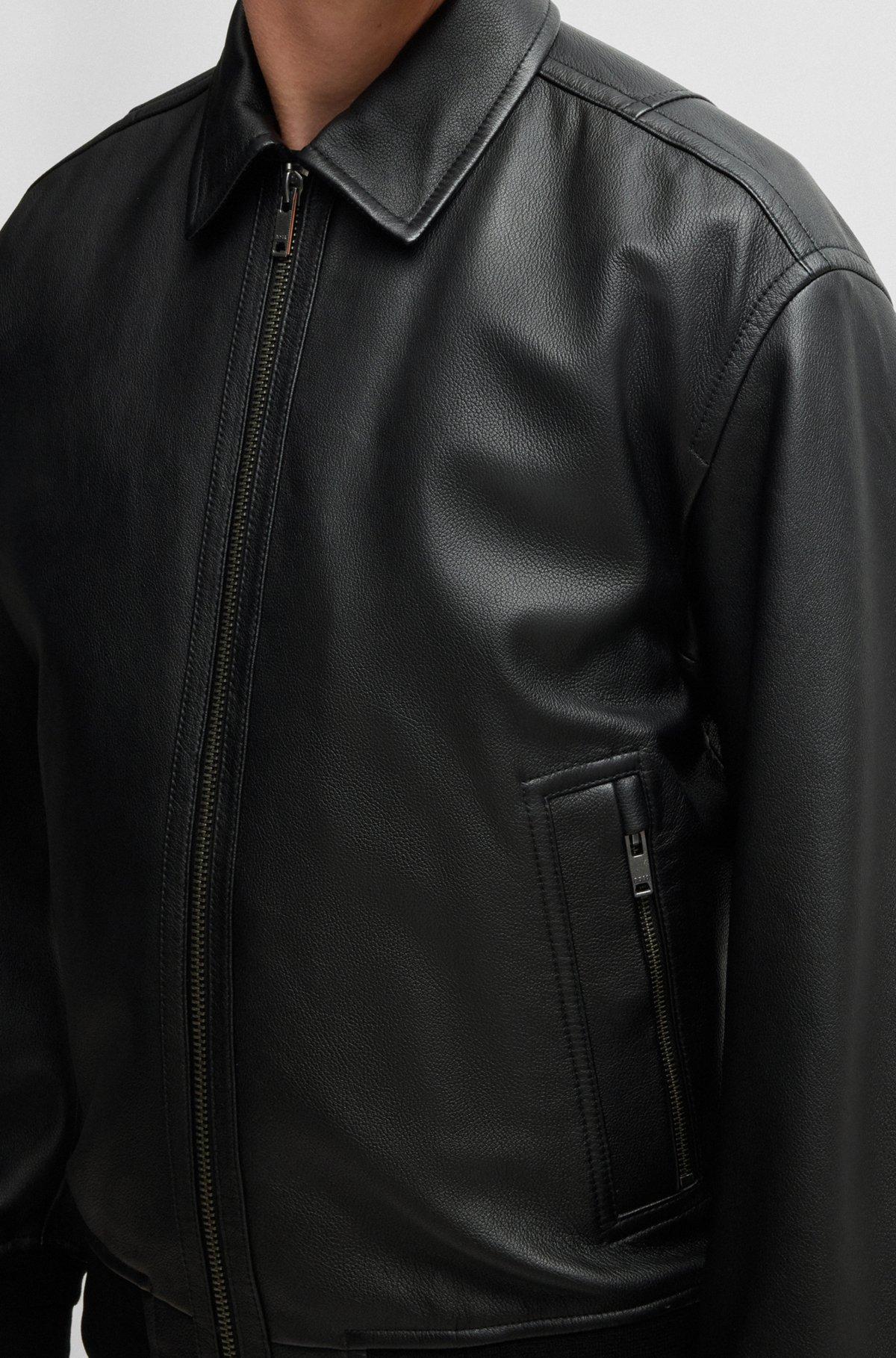 BOSS - Relaxed-fit bomber jacket in treated leather - Black Product Image
