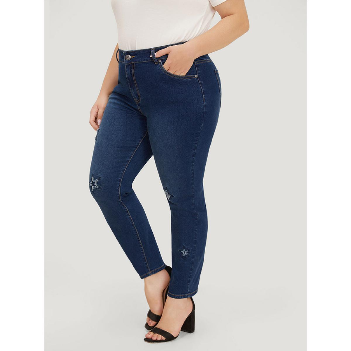 Plus Size Very Stretchy High Rise Medium Wash Star Embroidery Jeans Women Blue Casual Star and moon Embroidered High stretch Jeans BloomChic 12/L Product Image