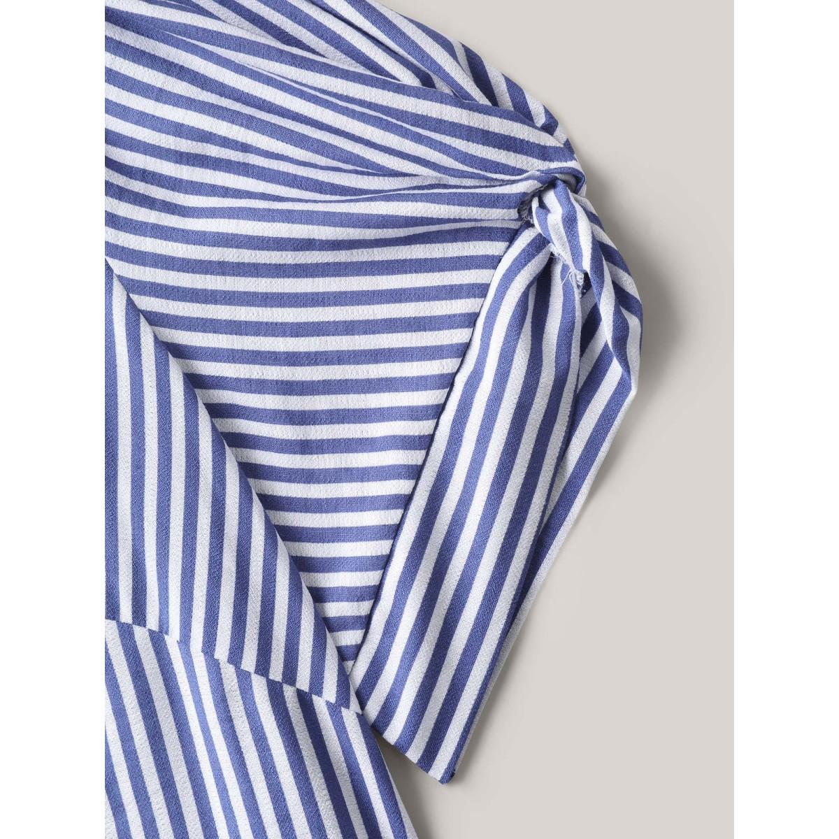 Plus Size DarkBlue Stripes Knotted Sleeve Notched Collar Blouse Women Office Short sleeve Notched collar Office Blouses BloomChic 26/4X Product Image