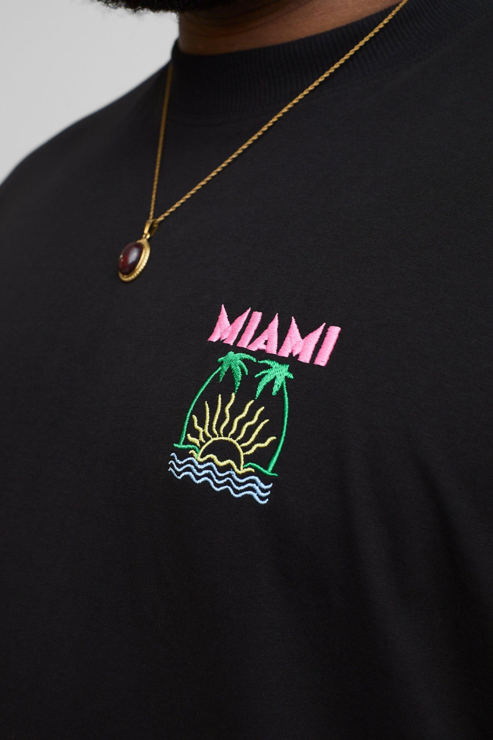 Plus Oversized Extended Neck Embroidered Miami Palm Tree T-Shirt | boohooMAN USA Product Image