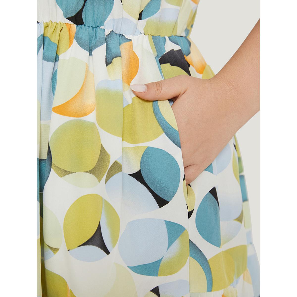 Plus Size Geometric Print Pocket Ruffle Layered Hem Sleeveless Dress YellowGreen Women Elegant Lined Round Neck Sleeveless Curvy Knee Dress BloomChic 14-16/1X Product Image