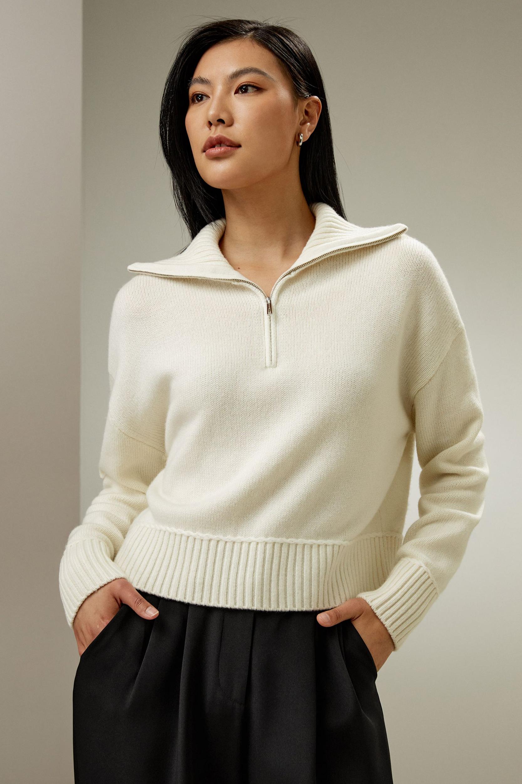 LILYSILK Quarter Zip Cashmere - for Women - White Golden Ratio Cashmere Wool Blend - Versatile Ribbed Tops S Product Image