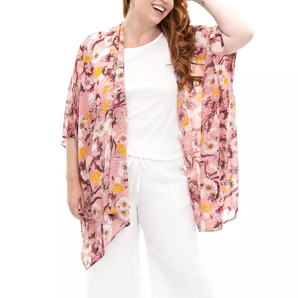 Women's Nina Leonard Floral Open-Front Kimono, Pink Team Product Image