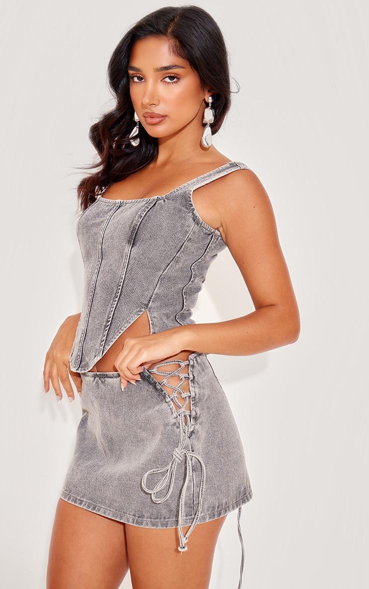 Petite Light Grey Denim Lace Up Mini Skirt Product Image