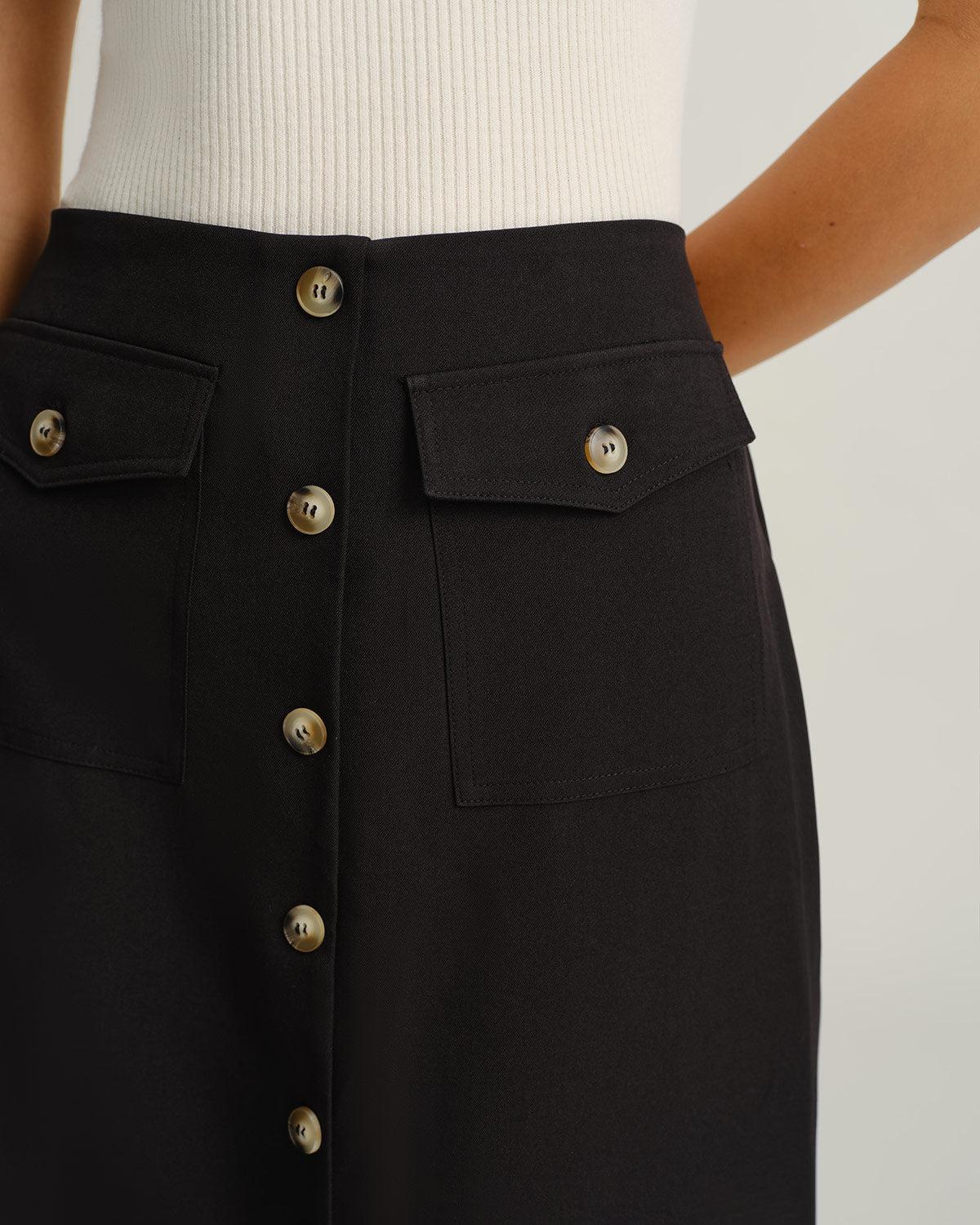 Black Natural Waisted Button Slit Midi Skirt Product Image