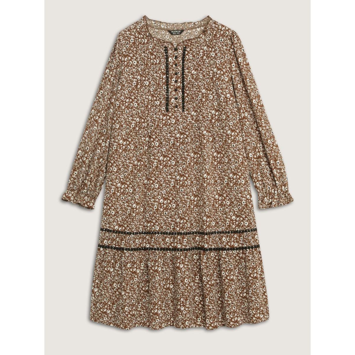 Plus Size Toothpick Pleat Contrast Placket Midi Dress Browncoffeecolor Women Playful Tucked seam Round Neck Extra Long Sleeve Curvy BloomChic 22-24/3X Product Image