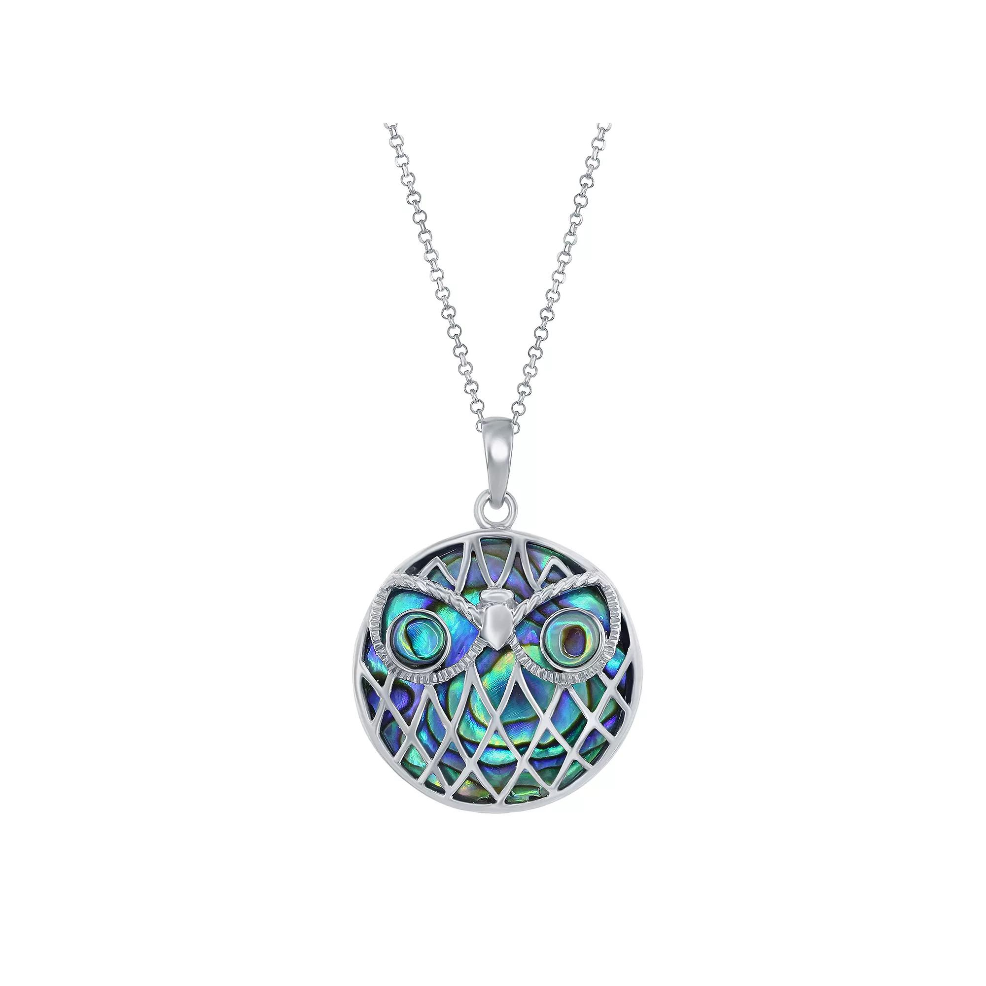 Sterling Silver Abalone Round Owl Necklace, Womens Product Image