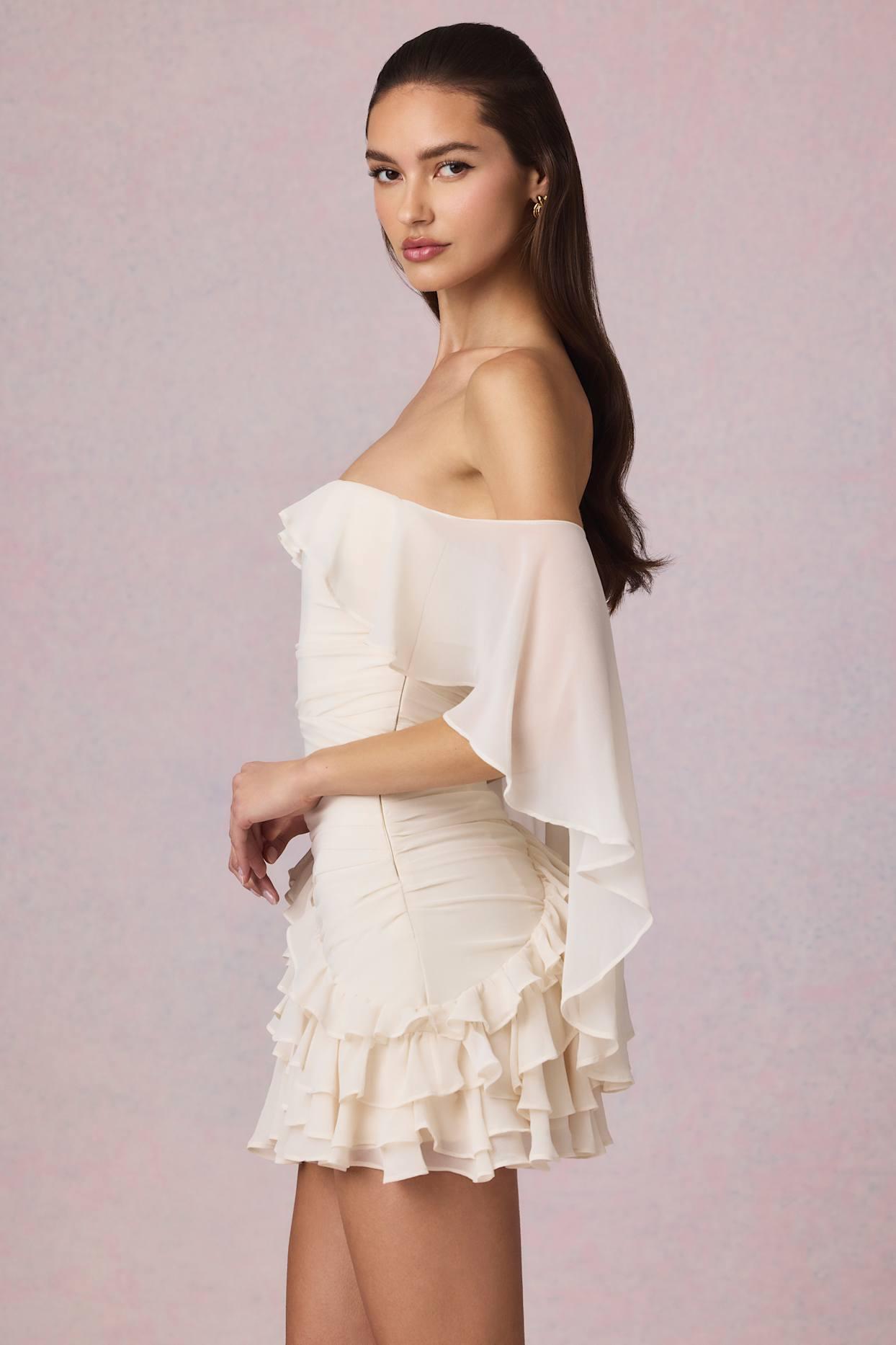 Off-Shoulder Ruffled Mini Dress in Ivory Product Image